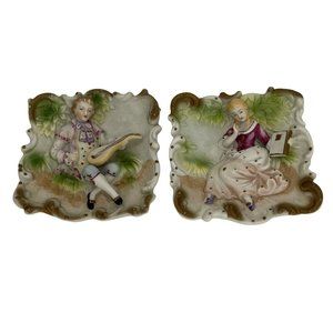 Vintage Ceramic Victorian Couple Wall Hangings Japan 5.5" 3D Raised Relief